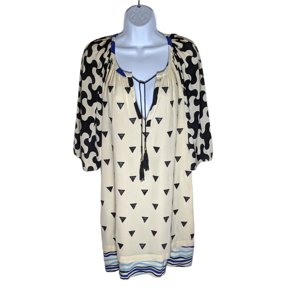 DVF Diane von Furstenberg 100% Silk Tunic Mini Dress Sz 0 XS S Ivory Geometric - Picture 3 of 16